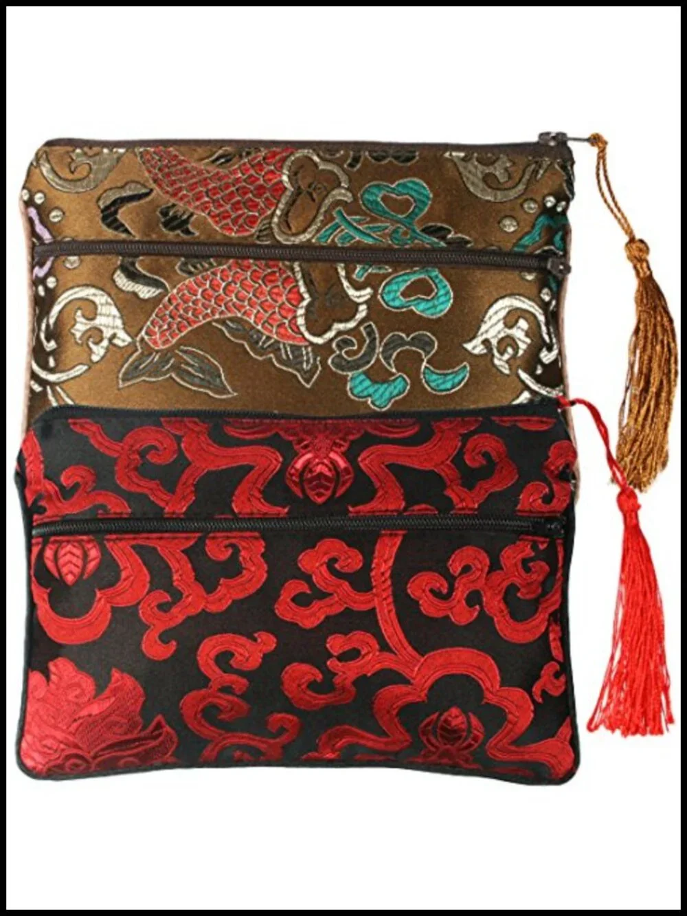 2-Piece Chinese Silk Brocade Jewelry Bags with Zipper Compartments, Tassel Gift
